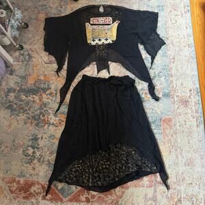 Vintage 80s / 90s sheer black silk boho / whimsigoth 2 piece set